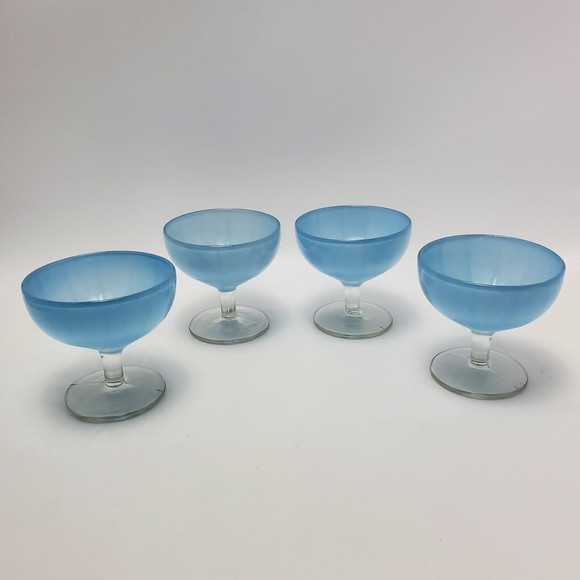 Blue Art Decor Raised Pedestal Platter Plate Cake Stand Wt 4 Ice Cream Wine Cups - Picture 4 of 12